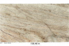 Astoria granite.  A low range granite that has a beige colored bedrock with subtle movement and areas of gray and Bordeaux throughout. This stone has been a life saver for customers trying a pair a busier creamy floor pattern with a natural stone.