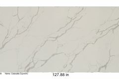 Calacatta Supremo quartz. Bright white overall with prominent gray veining and pencil thin navy blue honey-comb veining.  Perfect for any modern kitchen or bathroom. Mid-high price range.