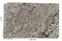 Olympus granite. Overall a cream colored stone with rippled black and brown lines.  Looks great with a white, black or gray color scheme but can be used with traditional wood cabinets as well.  Low price range.