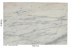 Shadow White hard marble.  Has a bright white background with very delicate veins of gray and beige.  Great for kitchen or bathroom.  Low price range.