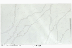 Statuario Delicato Gold quartz.  Mid range stock quartz.  White bedrock with bold light gray directional veining with gold accents along the outer side that follow the vein.