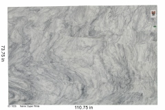 Super White marble.  A light gray/ white stone with smoke like darker gray veining.  Very elegant and attractive.  Low-mid price range.