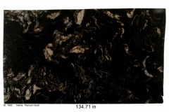 Titanium Gold granite.  A black stone with beautiful gold and white swirls, quartz deposits and loaded with garnet.  Would like especially great on a honey oak cabinet.  Mid-high price range.